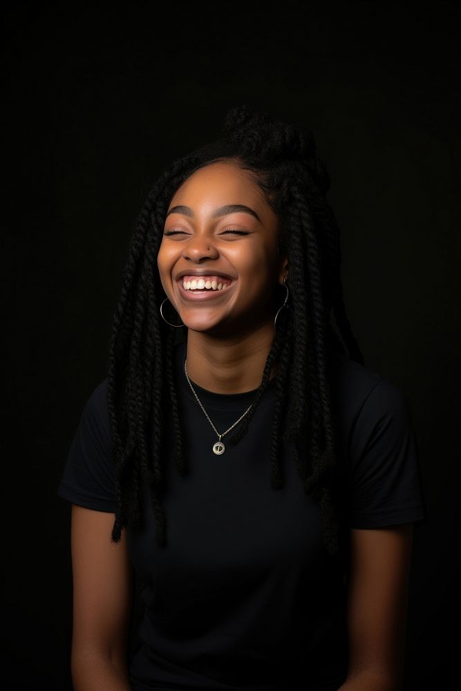 Black woman necklace portrait laughing. AI generated Image by rawpixel.