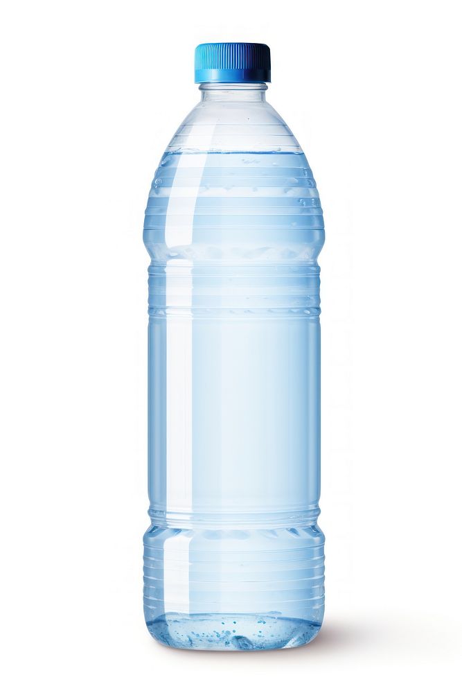 Water bottle with blue label plastic white background refreshment. AI generated Image by rawpixel.