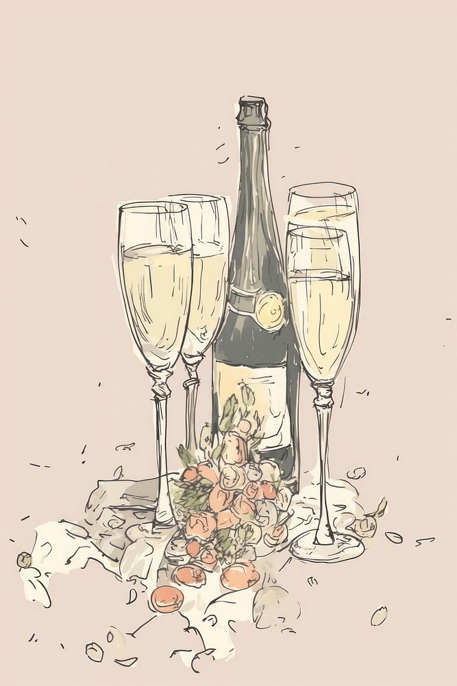 Champagne glasses towers sketch drawing drink. AI generated Image by rawpixel.