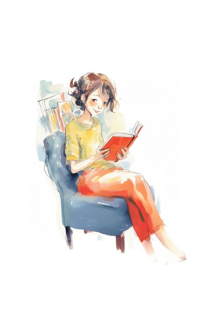 Cartoon woman reading book publication furniture painting. AI generated Image by rawpixel.