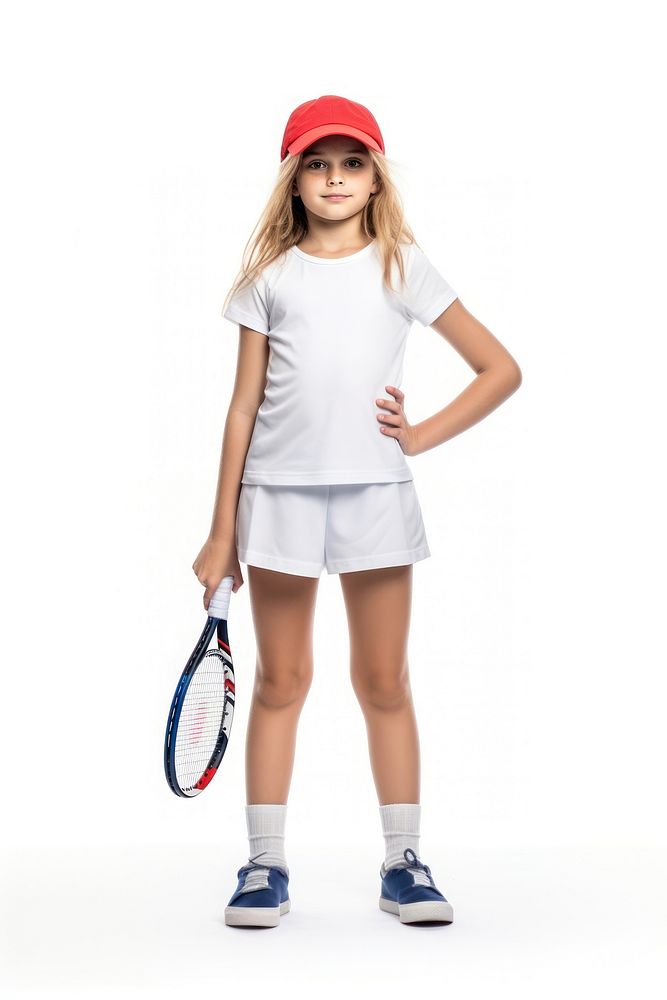 Little girl with tennis racket and ball holding shorts sports white. AI generated Image by rawpixel.