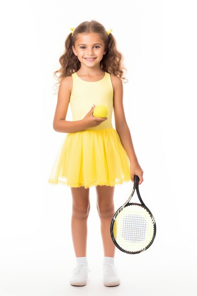 Little girl with tennis racket and ball holding sports skirt child. AI generated Image by rawpixel.