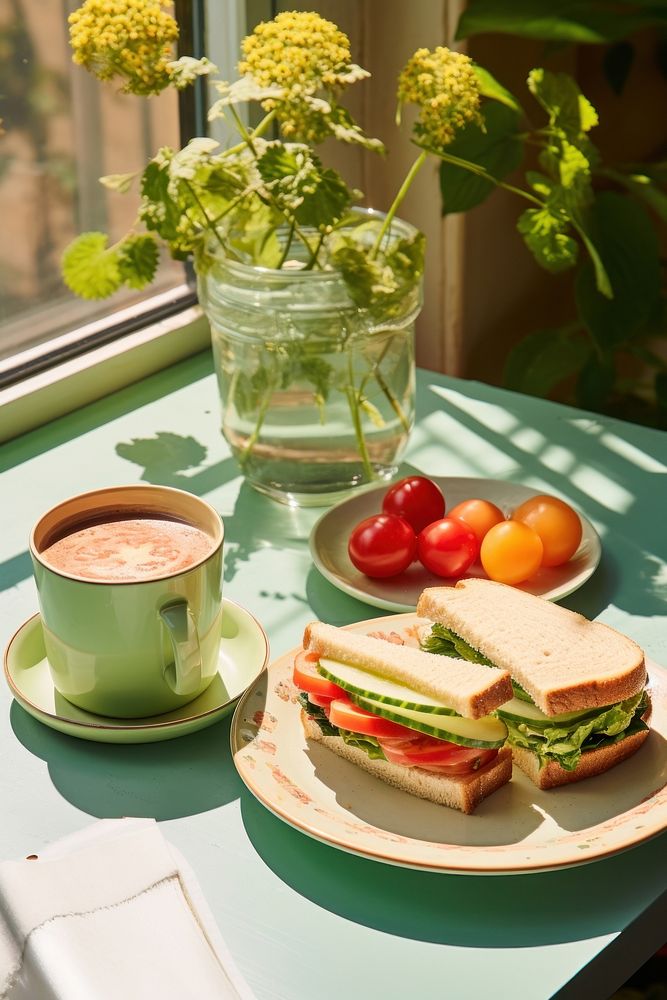 Healthy breakfast sandwich coffee table. AI generated Image by rawpixel.