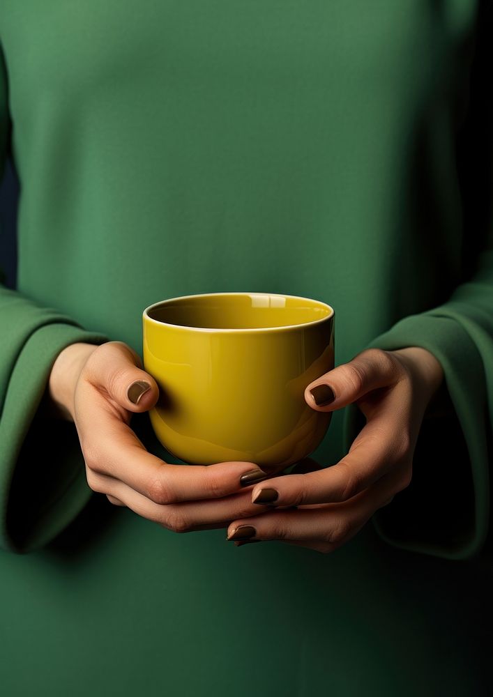 2 hands of woman in green sweater holding 3 tea cups coffee drink mug. AI generated Image by rawpixel.