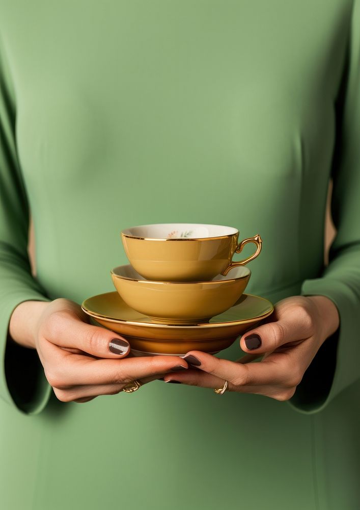 2 hands of woman in green sweater holding stack of 3 Vintage English Tea Cups cup saucer coffee. AI generated Image by…