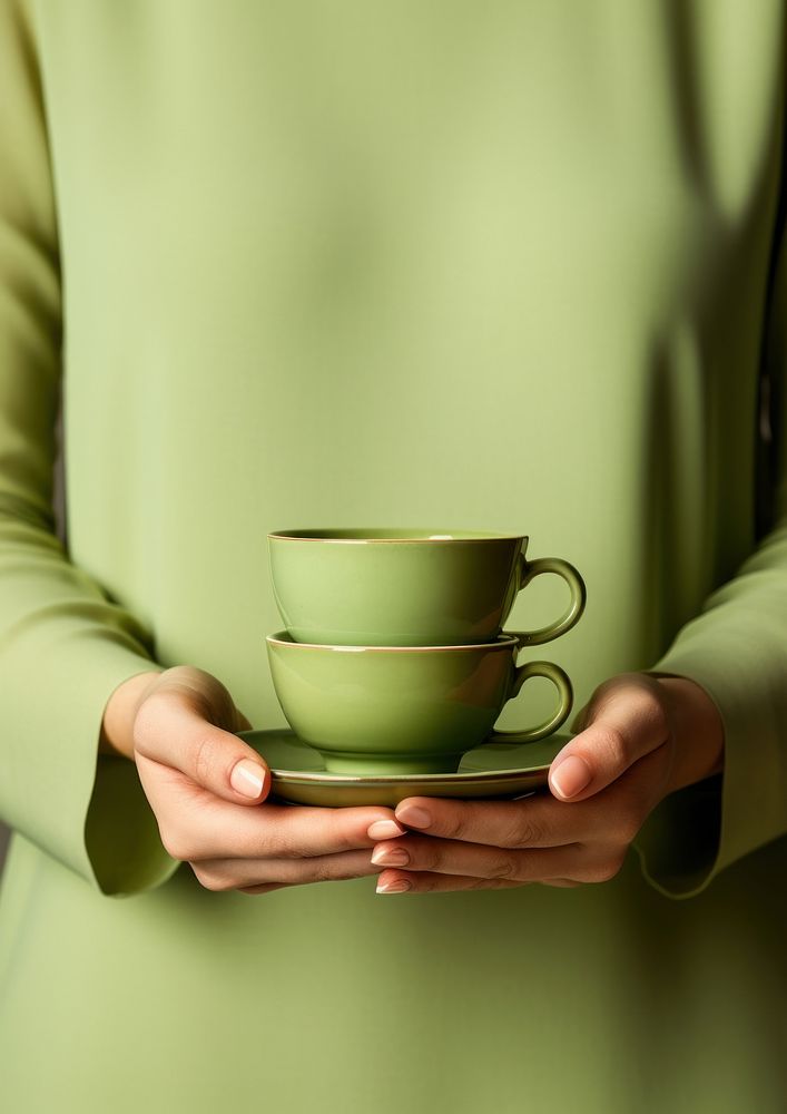 2 hands of woman in green sweater holding stack of 3 tea cups saucer coffee drink. AI generated Image by rawpixel.