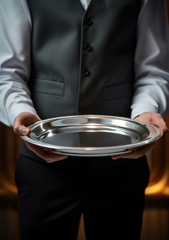 A male waitress is holding up a silver platter adult hand midsection. AI generated Image by rawpixel.