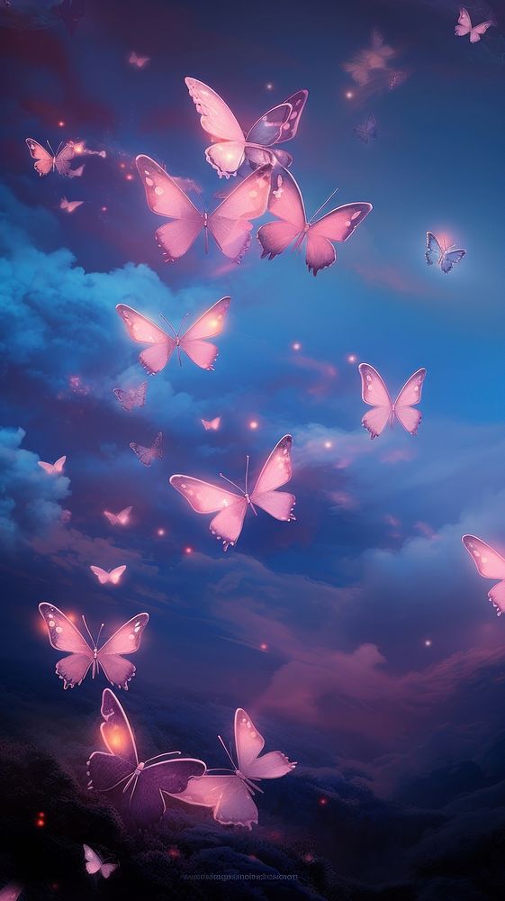 Small butterflies in pink cloud outdoors nature purple