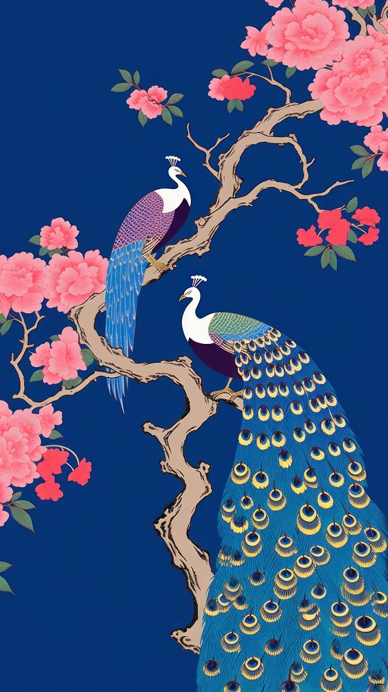 Peacock wallpaper plant bird. AI generated Image by rawpixel.