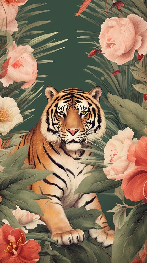 Chinoiserie style tiger wildlife pattern. AI generated Image by rawpixel.
