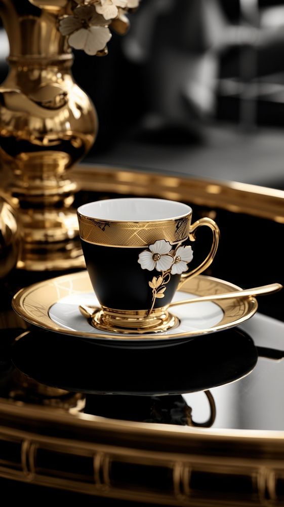 Gold cup saucer coffee table. AI generated Image by rawpixel.