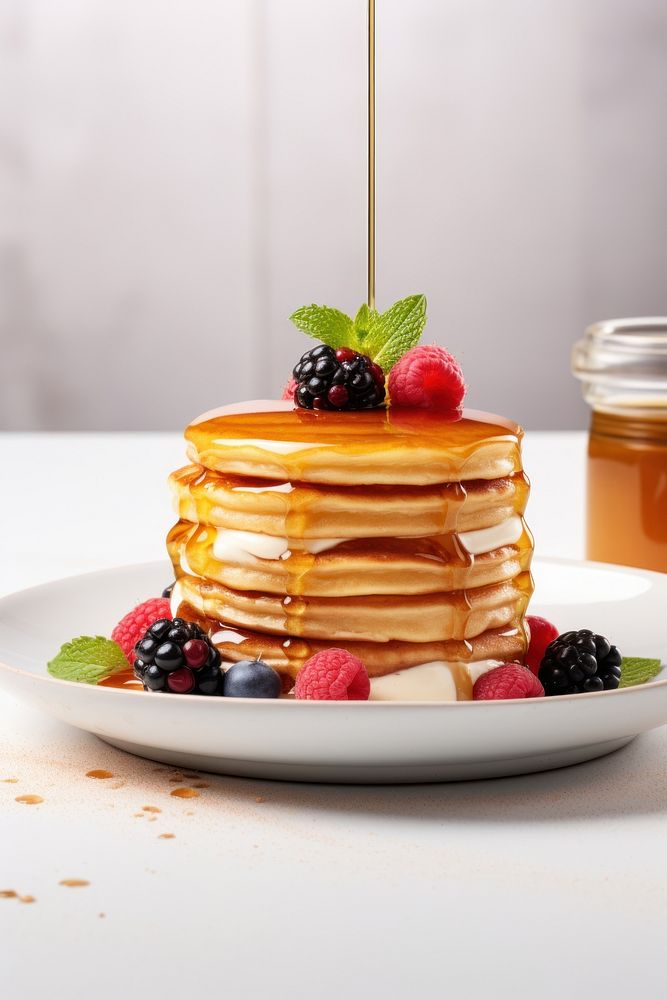 Photography of a stack of pancake with honey and berries plate berry fruit. AI generated Image by rawpixel.