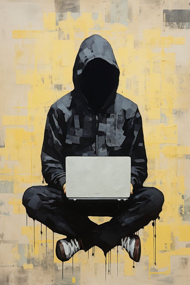Anonymous young man hacker in black hood wearing mask sitting playing laptop computer drawing adult. AI generated Image by…