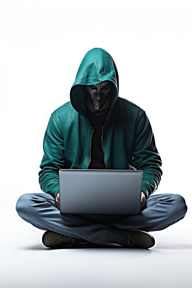 Anonymous young man hacker in hood wearing mask sitting playing laptop sweatshirt computer electronics. AI generated Image…