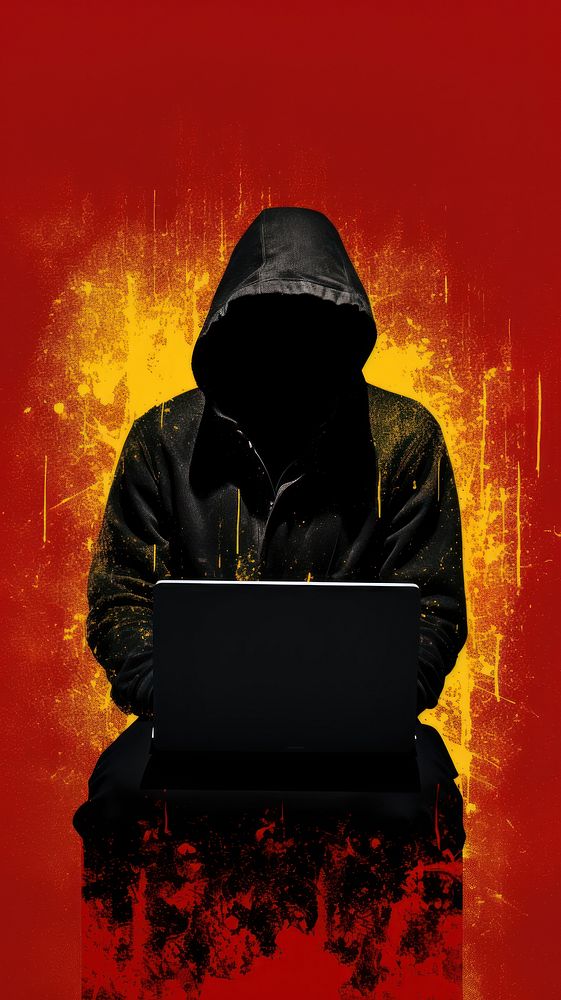 Anonymous young man hacker in black hood wearing mask sitting playing laptop computer yellow adult. AI generated Image by…