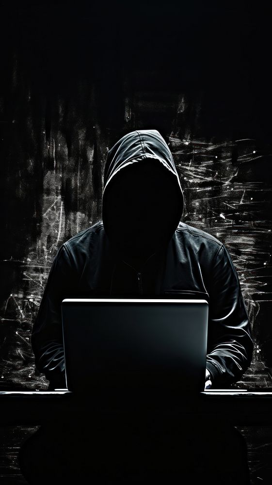Anonymous young man hacker in black hood wearing mask sitting playing laptop computer adult photography. AI generated Image…