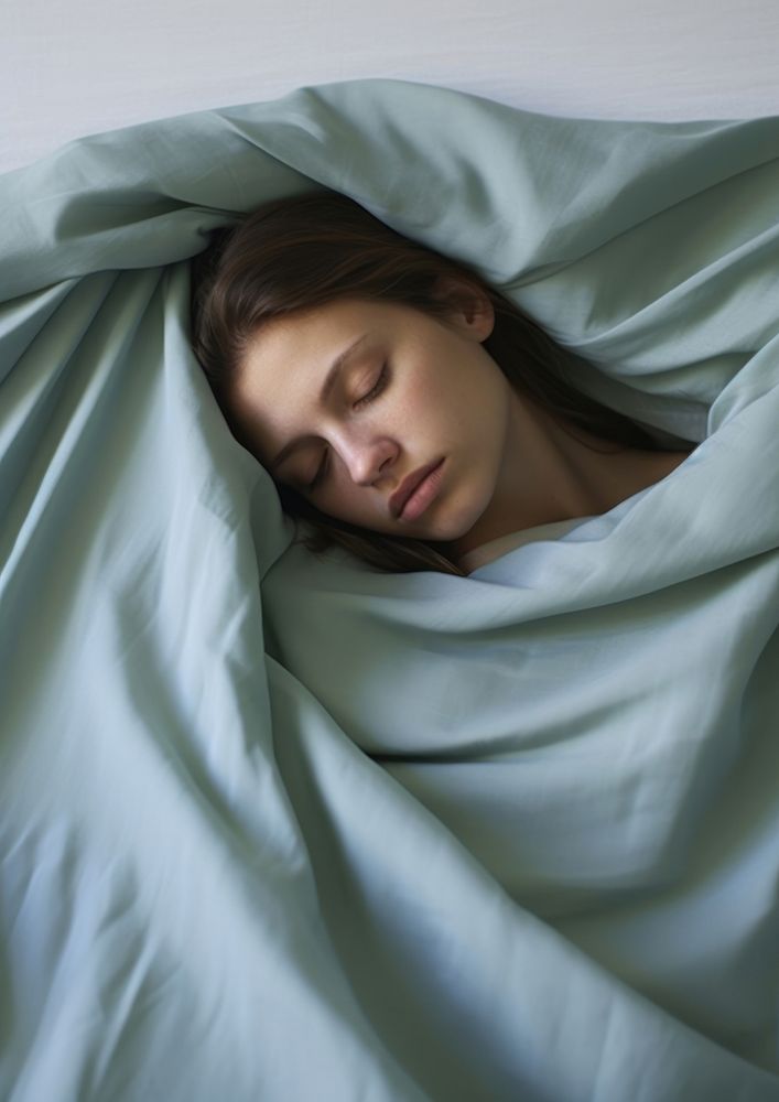 A woman laying comfortably in bed furniture sleeping blanket. AI generated Image by rawpixel.