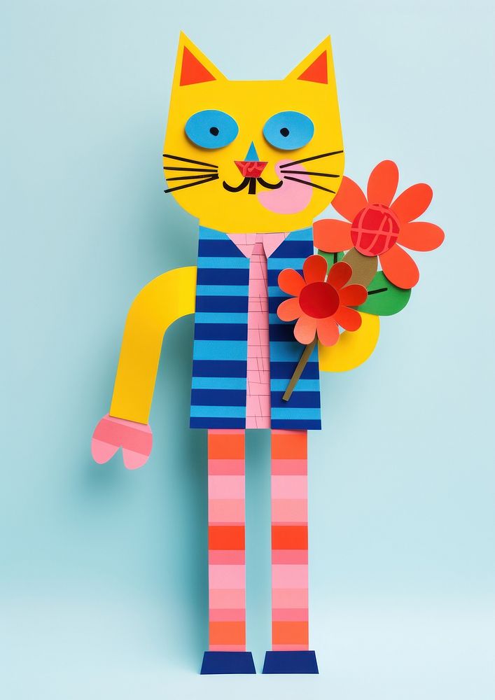 A cute cat holding a bunch of flowers mammal craft art. AI generated Image by rawpixel.