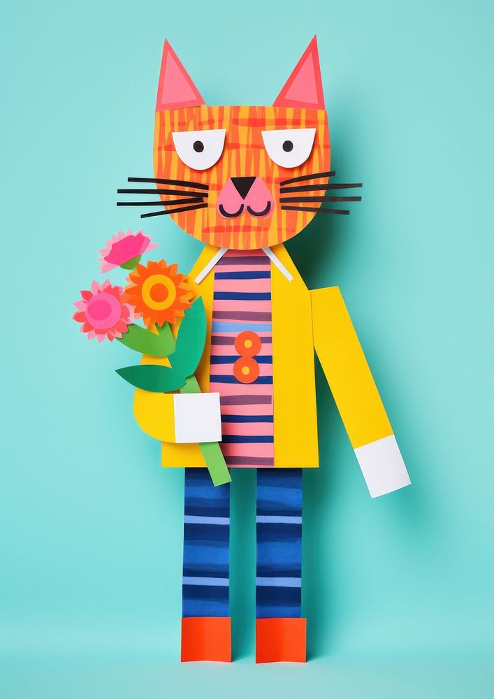 A cute cat holding a bunch of flowers craft art anthropomorphic. AI generated Image by rawpixel.