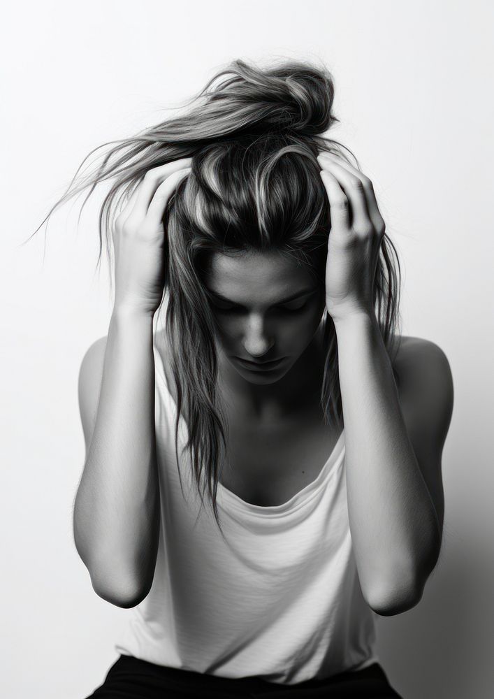 A black and white photo of a woman with her hands on her head portrait adult hair. AI generated Image by rawpixel.