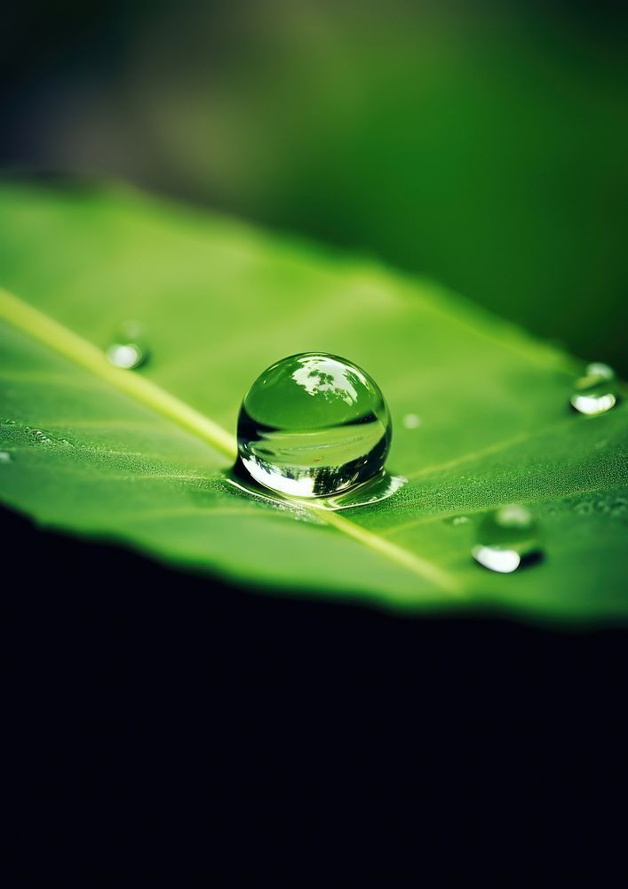 A drop of water sitting on top of a leaf plant green reflection. AI generated Image by rawpixel.