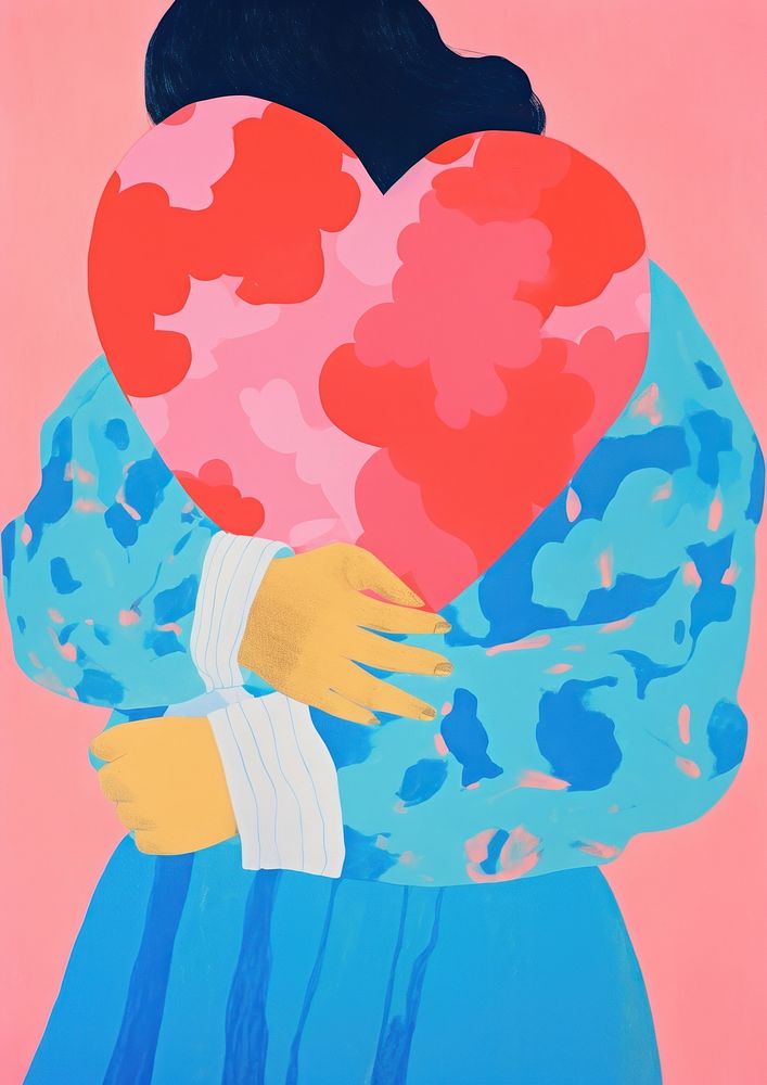 Young woman embraces a big red heart painting love pink. AI generated Image by rawpixel.