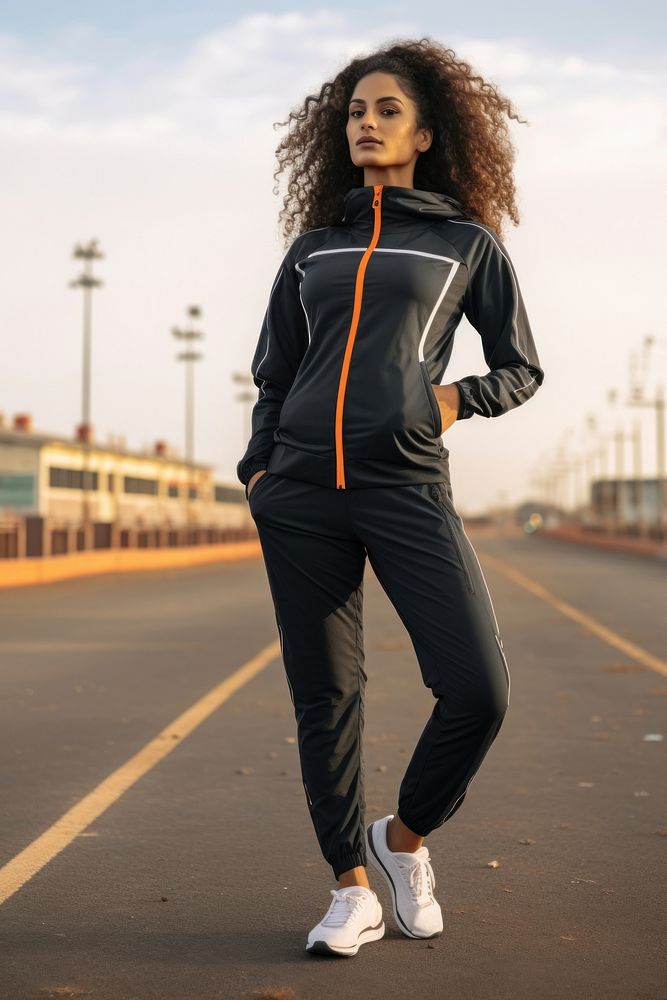 Female wearing cool fashion bold tracksuit running black day. AI generated Image by rawpixel.