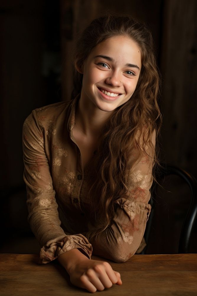 Young beautiful female portrait smiling table. AI generated Image by rawpixel.