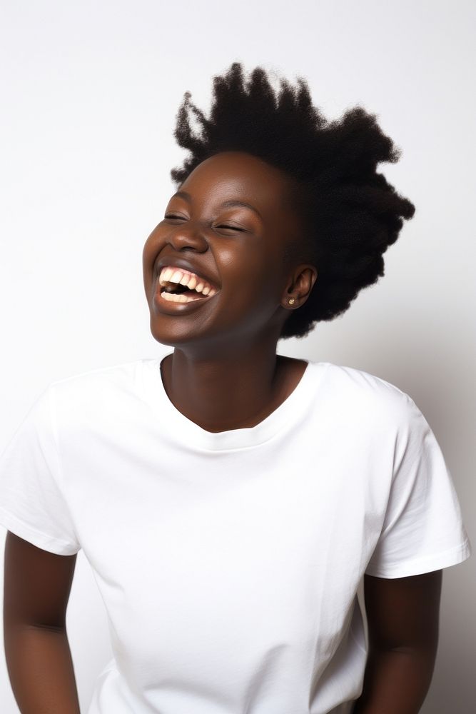 Black woman t-shirt laughing smiling. AI generated Image by rawpixel.
