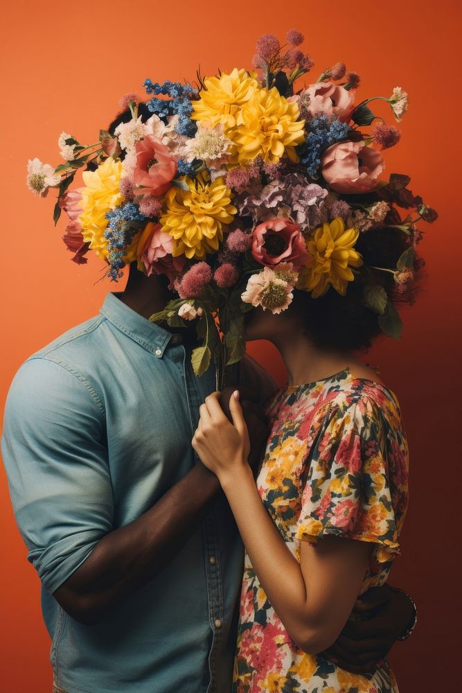 Black man and woman kiss flower portrait holding. AI generated Image by rawpixel.