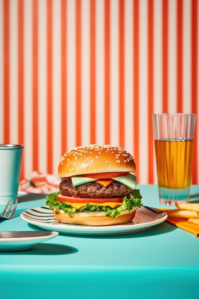 Hamburger set table food refreshment. AI generated Image by rawpixel.