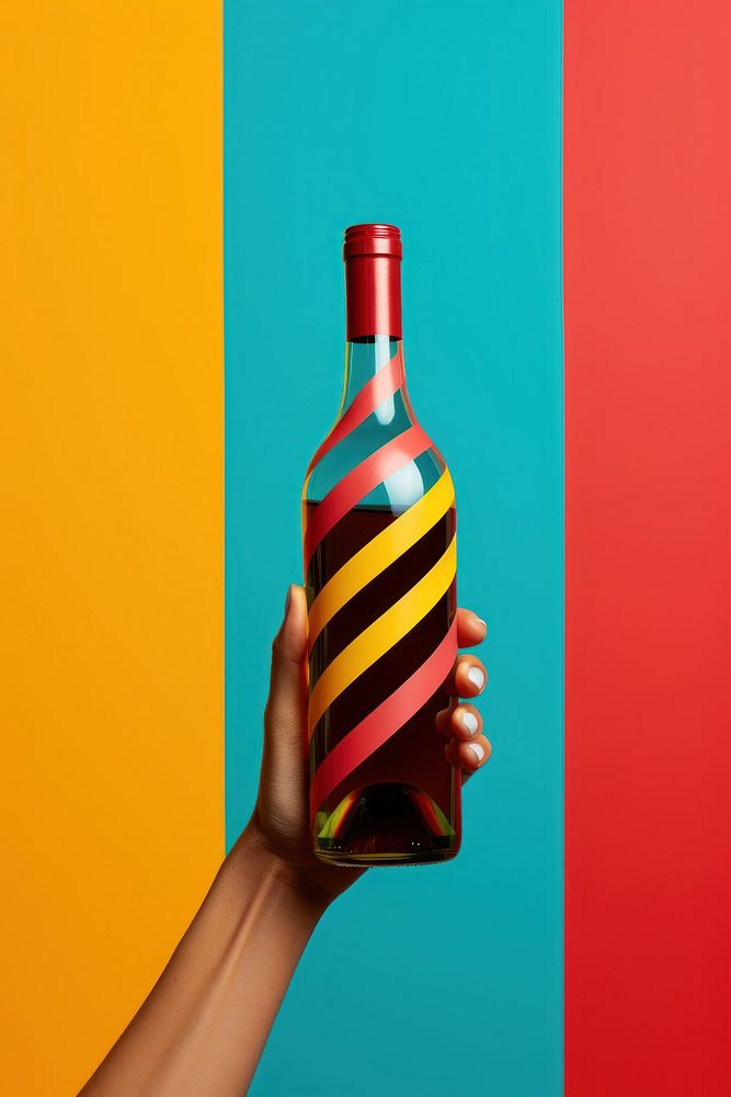 Hand holding wine bottle with color straw drink glass refreshment. AI generated Image by rawpixel.