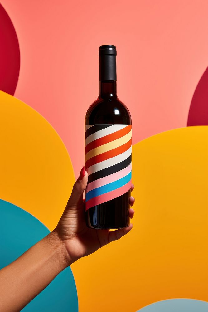 Hand holding wine bottle with color straw drink refreshment container. AI generated Image by rawpixel.