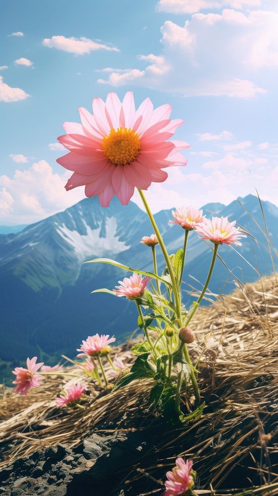 Flower and mountain landscape outdoors nature. AI generated Image by rawpixel.