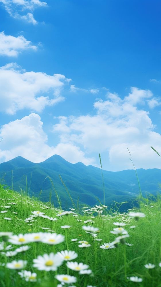Green mountain blue sky landscape grassland outdoors. 