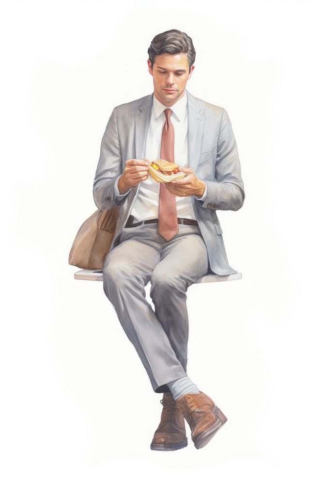 Businessman eating fastfood sitting adult white background. AI generated Image by rawpixel.