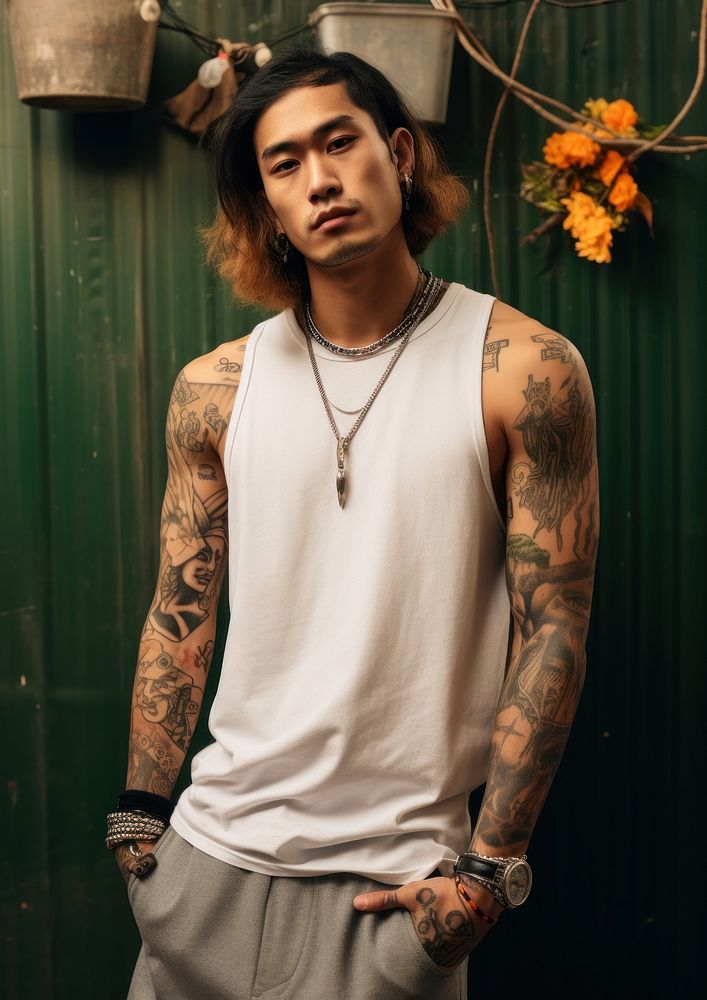 Thai asian men tattoo necklace portrait. AI generated Image by rawpixel.