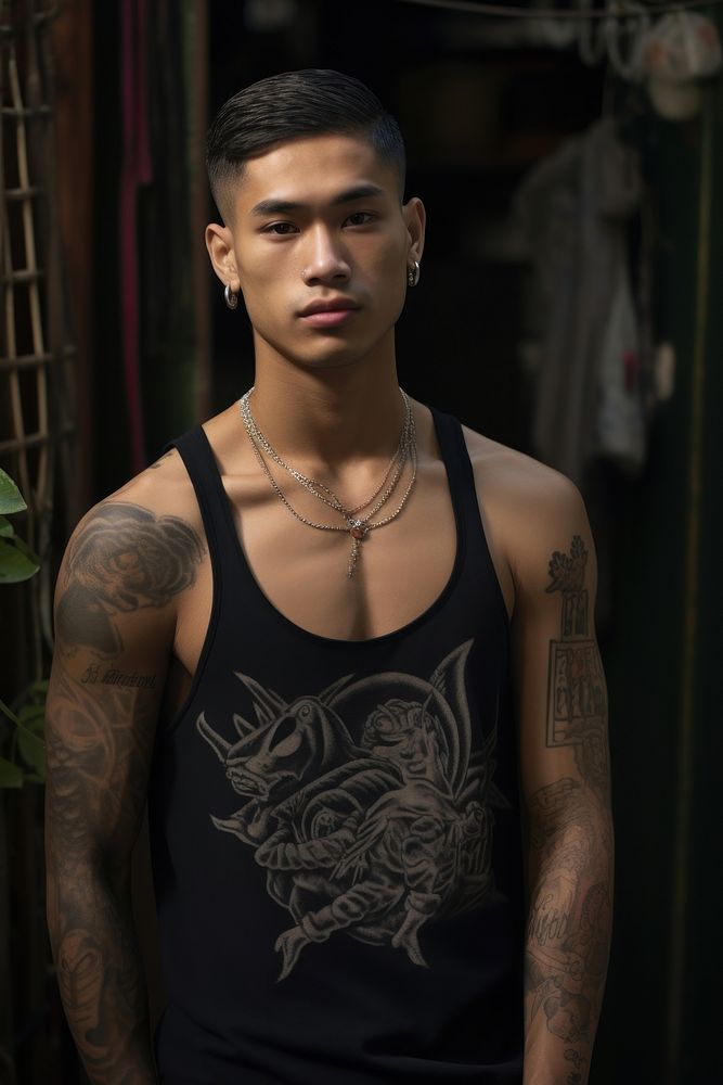 Thai asian men tattoo necklace jewelry. AI generated Image by rawpixel.