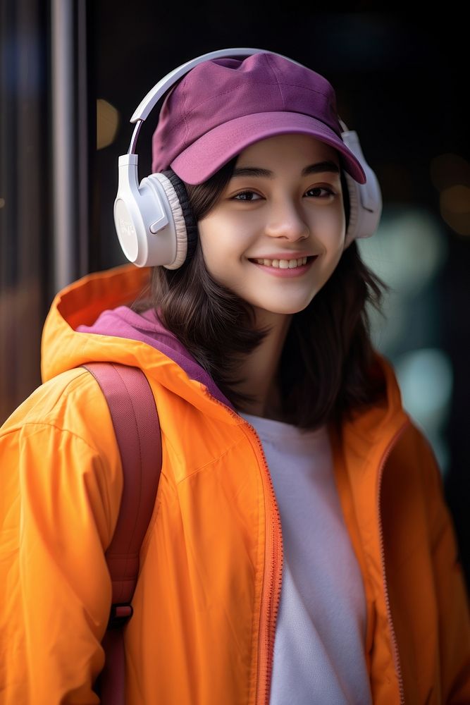 Happy and stylish aisan teenager headphones listening headset. AI generated Image by rawpixel.