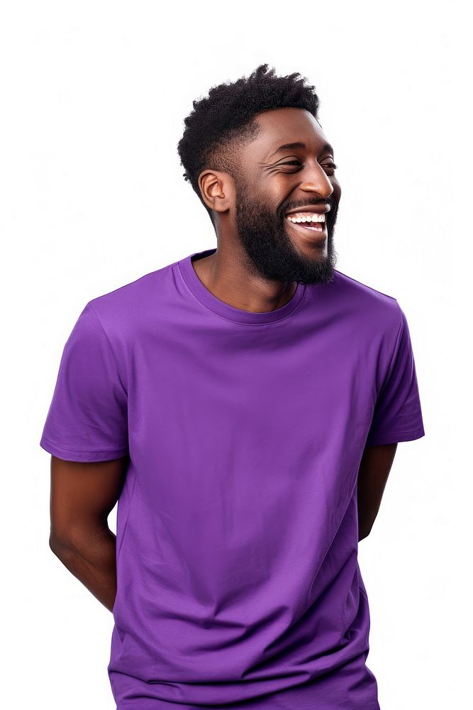 Young african american man with beard wearing casual purple t-shirt looking away to side with smile on face laughing adult…