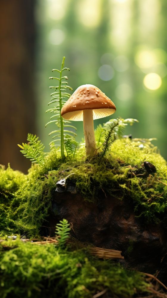 Mushroom on a moss log nature fungus plant. AI generated Image by rawpixel.