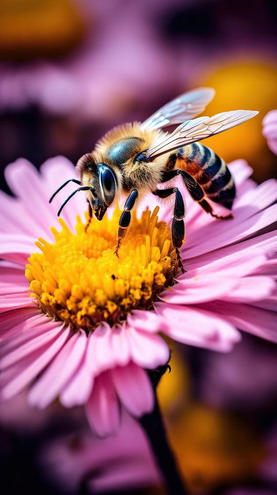Bee standing on a flower nature pollen animal. AI generated Image by rawpixel.