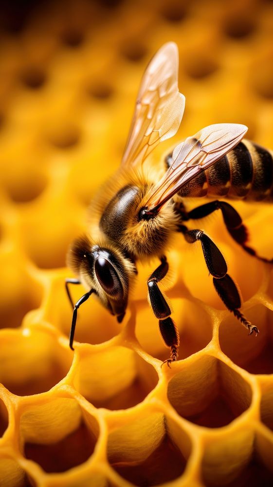 Bee standing on a honey comb animal insect hornet. AI generated Image by rawpixel.