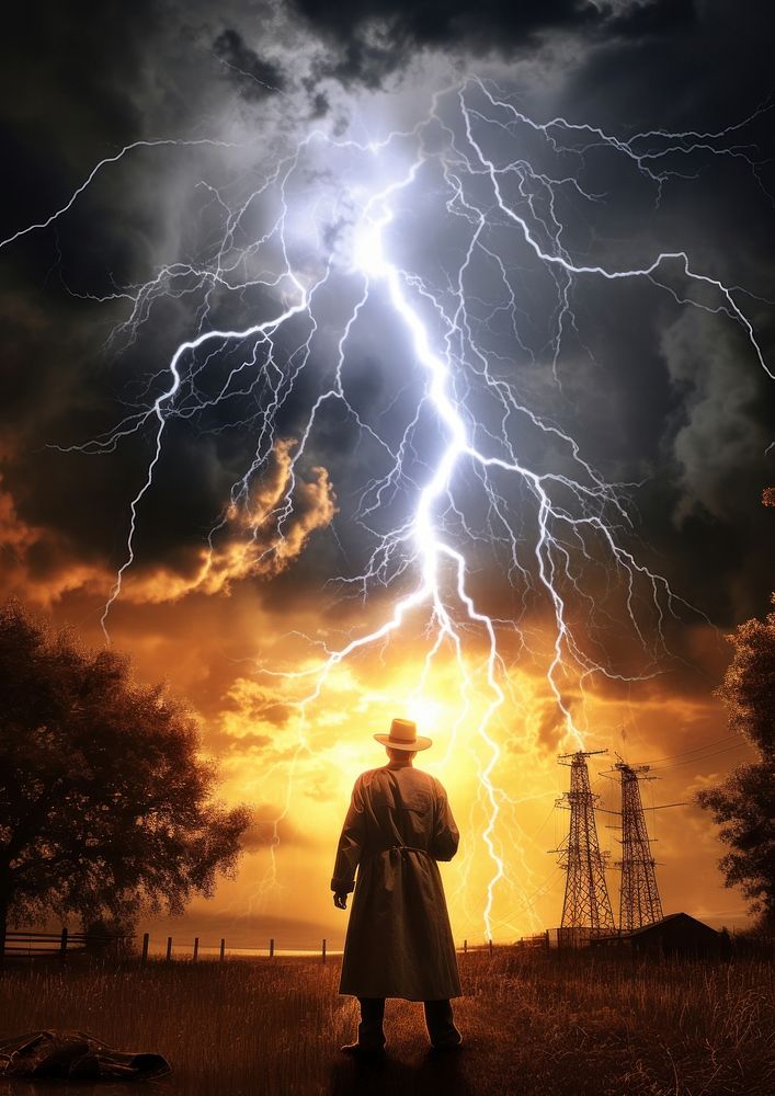 A scientist and the lightning in the sky thunderstorm outdoors nature. AI generated Image by rawpixel.