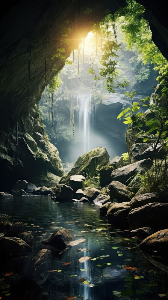 Cave nature sunlight outdoors. AI generated Image by rawpixel.