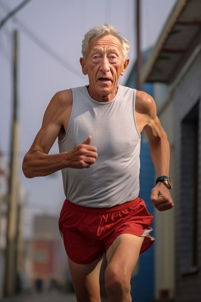 Fit clean elder man running shorts portrait jogging. AI generated Image by rawpixel.