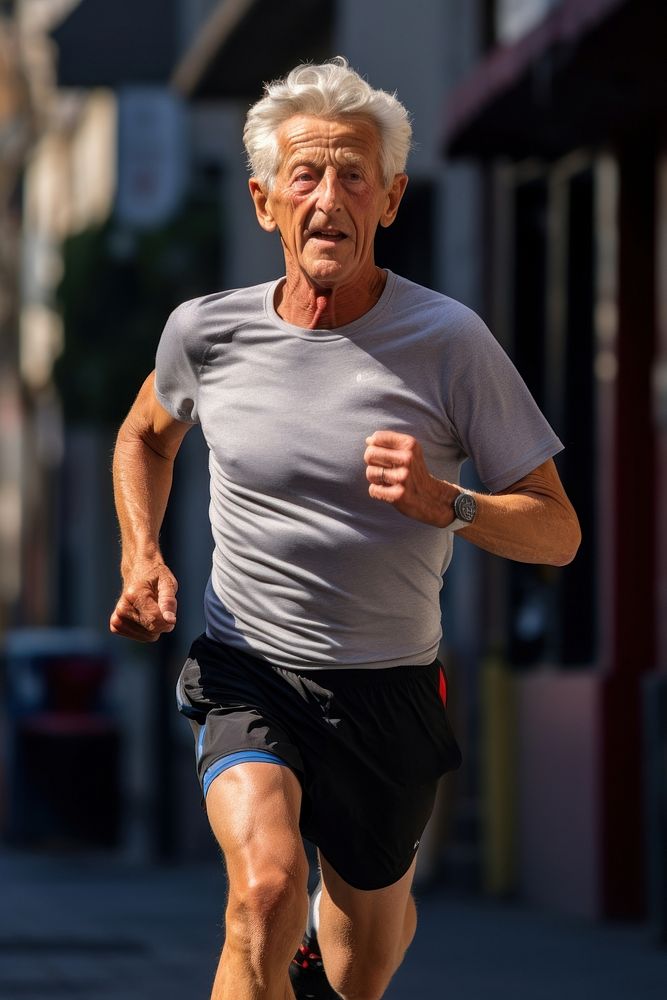Fit clean elder man running shorts portrait jogging. AI generated Image by rawpixel.