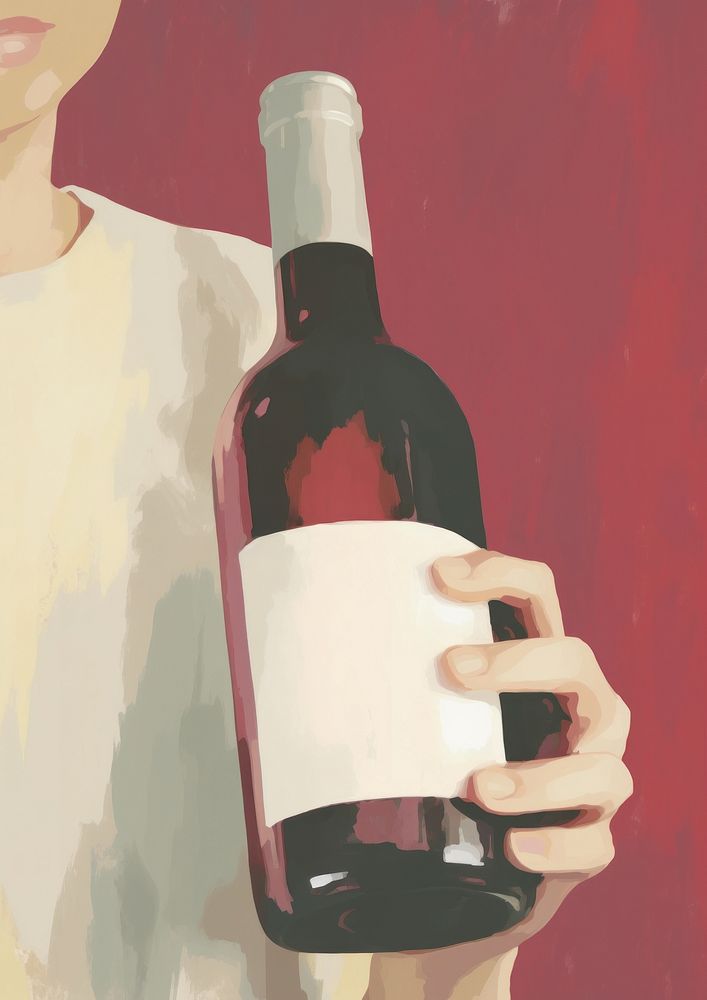 Hand holding red wine bottle drink art refreshment. AI generated Image by rawpixel.