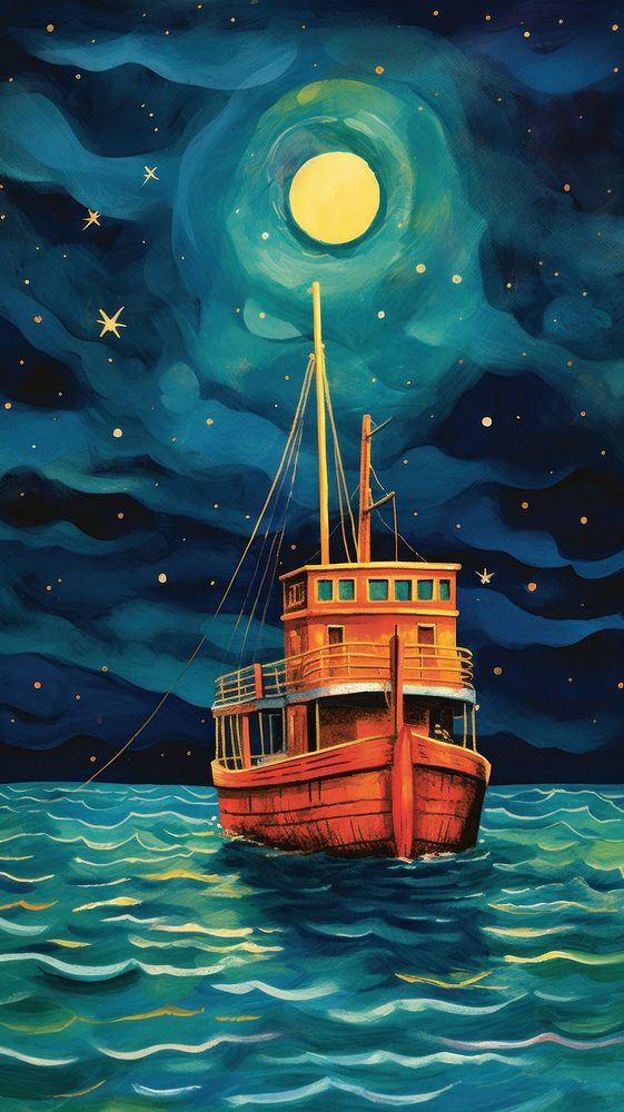 Ship in ocean watercraft astronomy painting. AI generated Image by rawpixel.