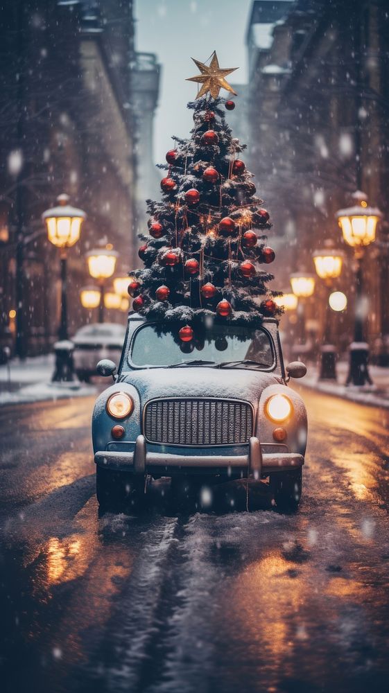 The car is decorated for christmas with a tree on top vehicle snow city. AI generated Image by rawpixel.